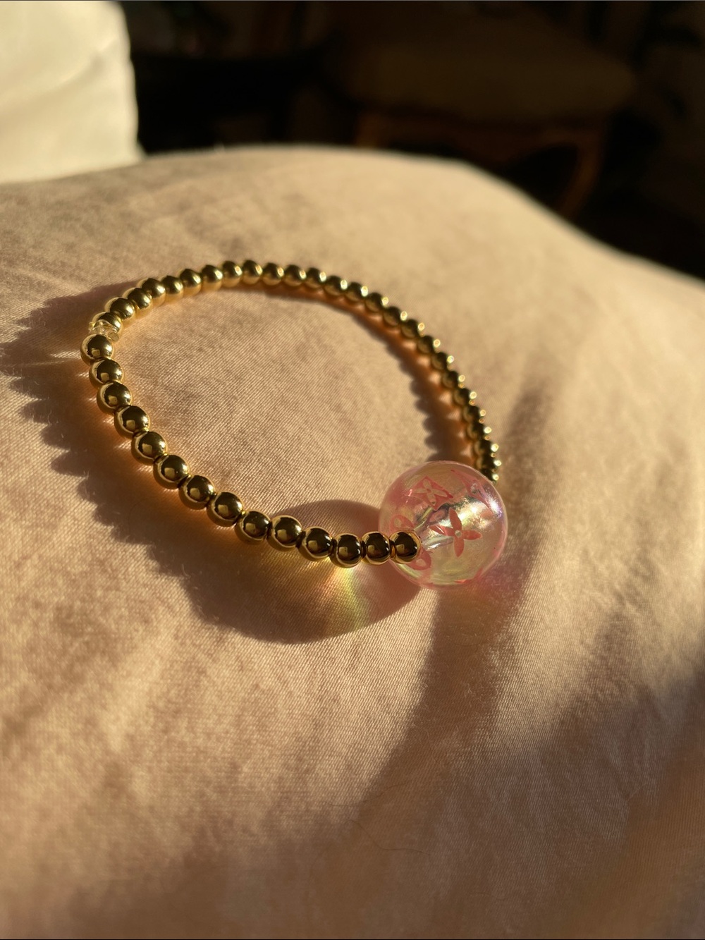 Gold Beaded Bracelet with Pink Accent Bead - Picture 2 of 9